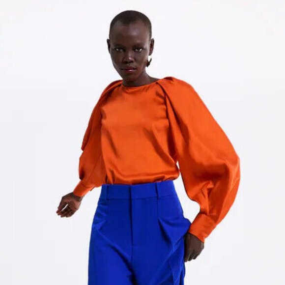 ZARA WOMAN ORANGE SATIN VOLUMINOUS SLEEVE BLOUSE SIZE Small - Picture 2 of 11